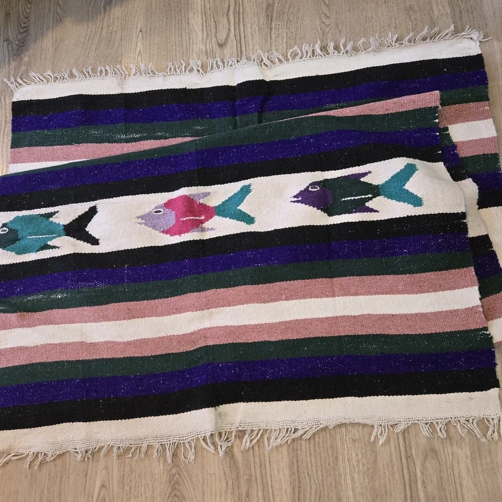 VTG Mexican Falsa Baja‎ Blanket Heavy handwoven Fish motif Rug Mat 80x45
